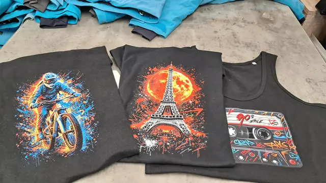 Drei schwarze Shirts mit farbigen, fotorealistischen DTF-Motiven